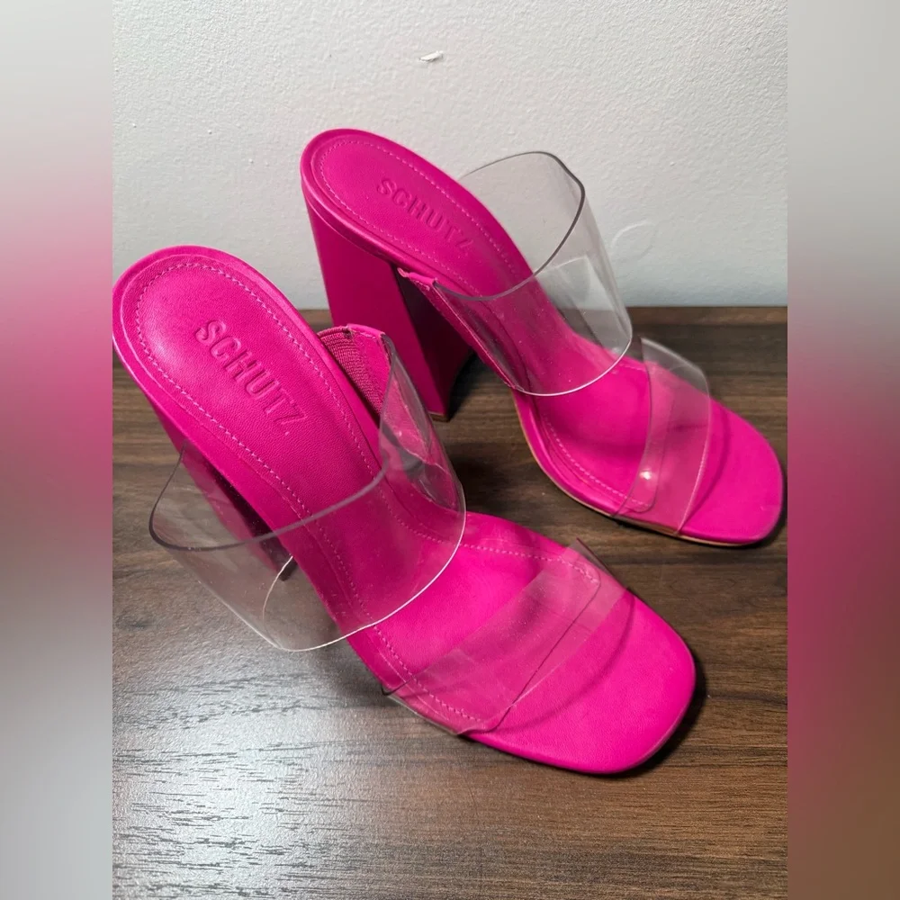 Schutz Victorie Pink Block Heels Clear Strap 8.5